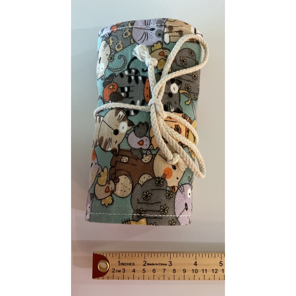 Cat Print Canvas Roll Up Pencil Case‎ Crochet Hook Organizer Teal 72 Slot Pouch - Picture 2 of 7